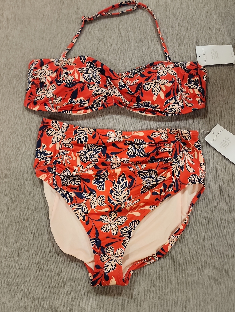 NWT Garnet Hill High-Waisted Bikini Set Coral Floral Paisley Top 10 Bottom 12
